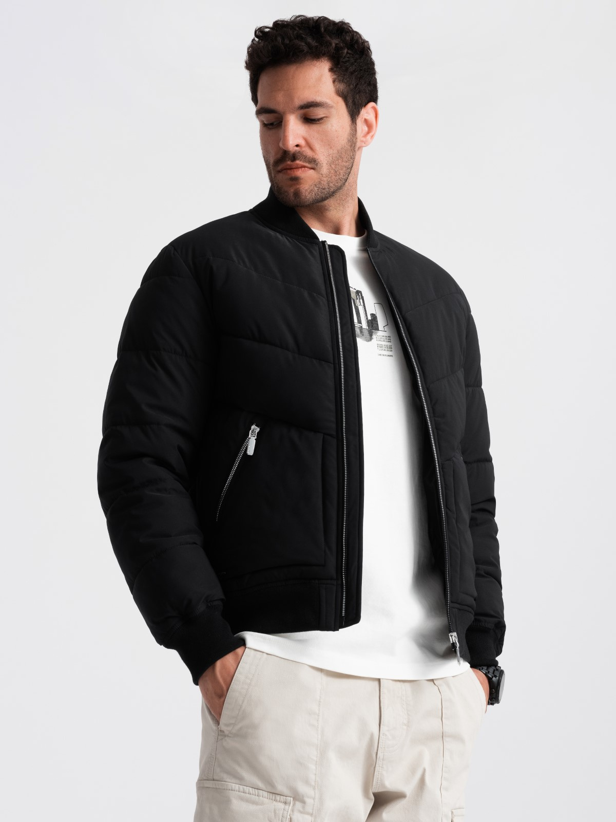 Ombre Men&#039;s quilted bomber jacket with metal zippers - black