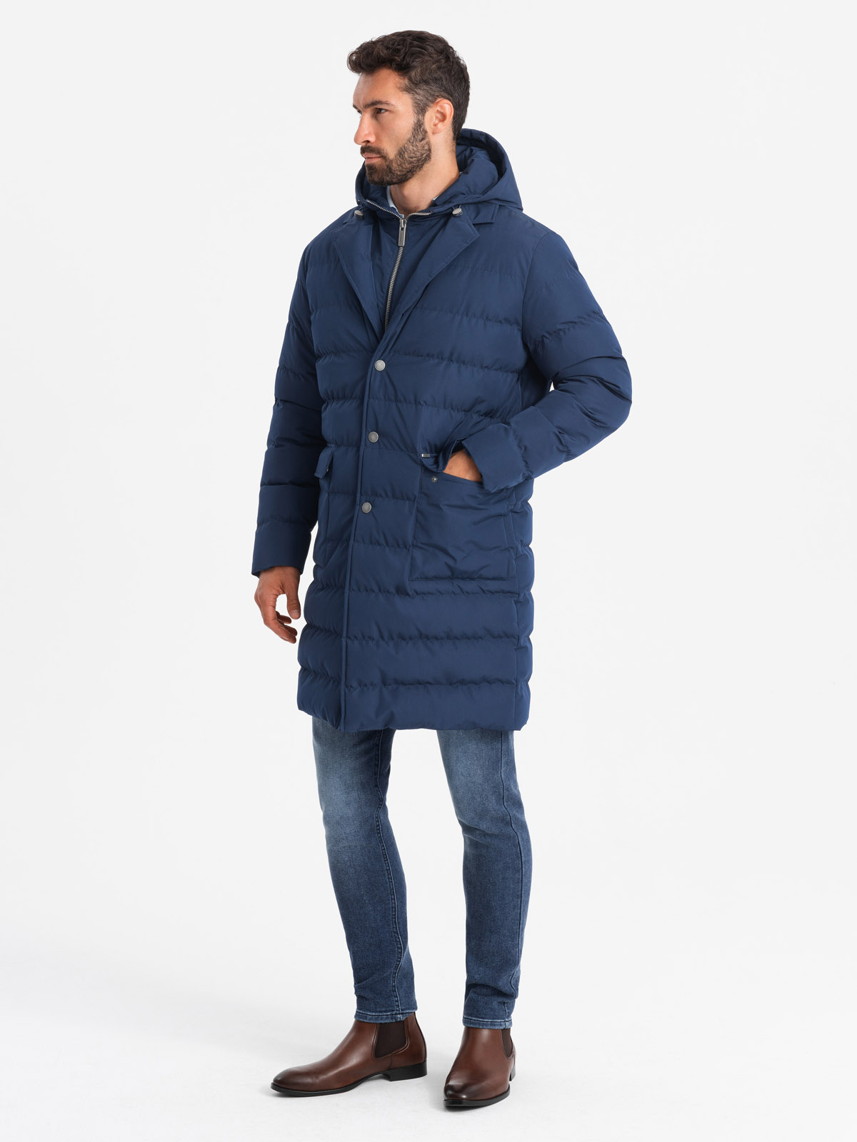 Ombre Men&#039;s long quilted jacket with lapels and lining - dark blue
