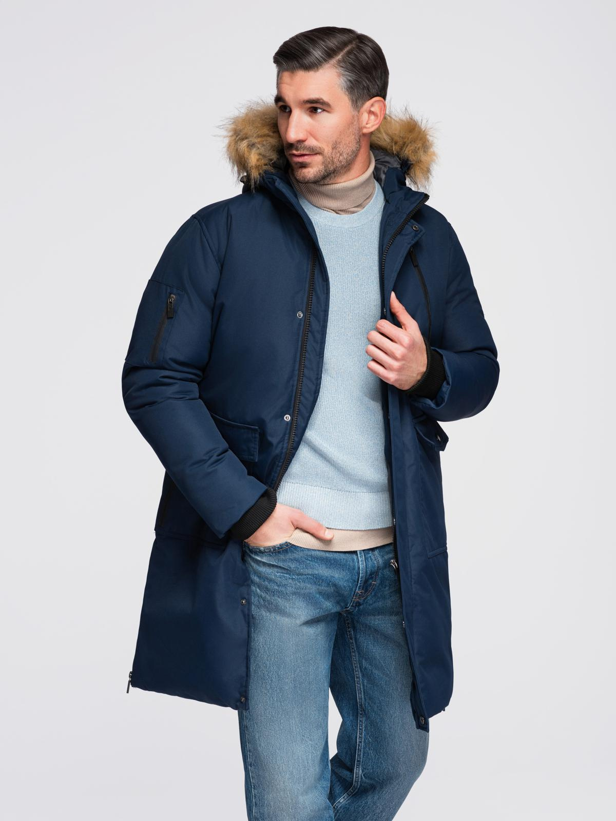 Ombre Alaskan men's winter jacket with detachable fur from the hood - navy blue