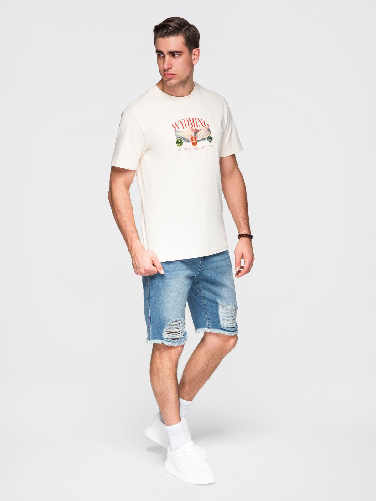 Ombre Men's short denim shorts with rips and holes - blue