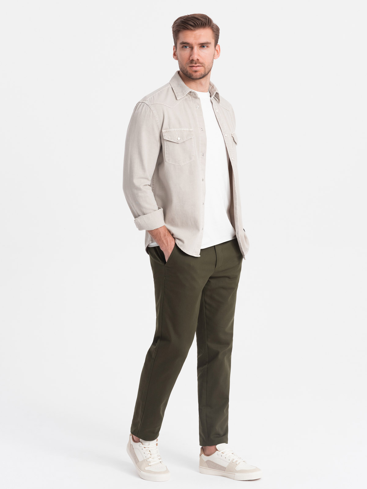 Levně Ombre Men's classic cut chino pants with fine texture - dark olive