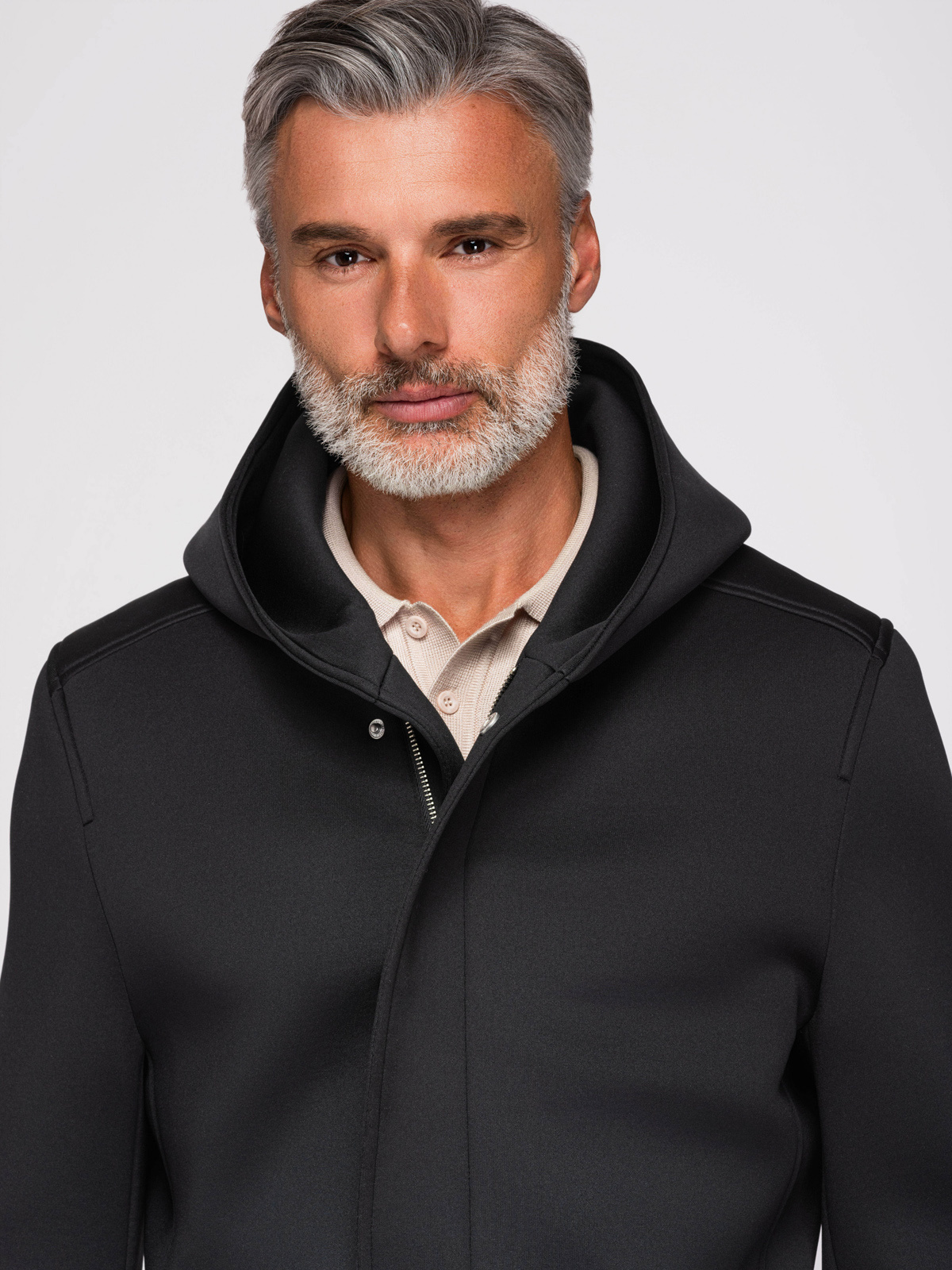 Ombre Men's minimalist medium length coat with hood - black