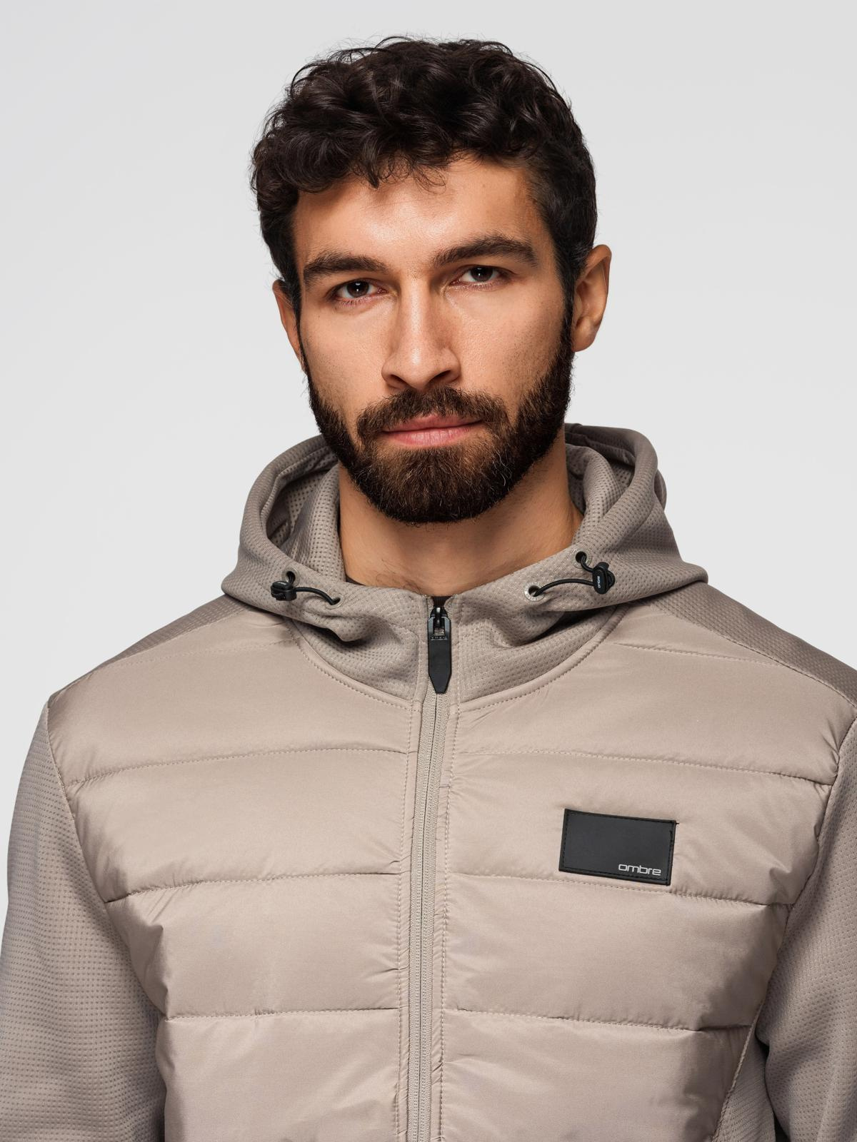 Ombre Men's lightweight jacket of combined materials with hood and decorative quilting - ash