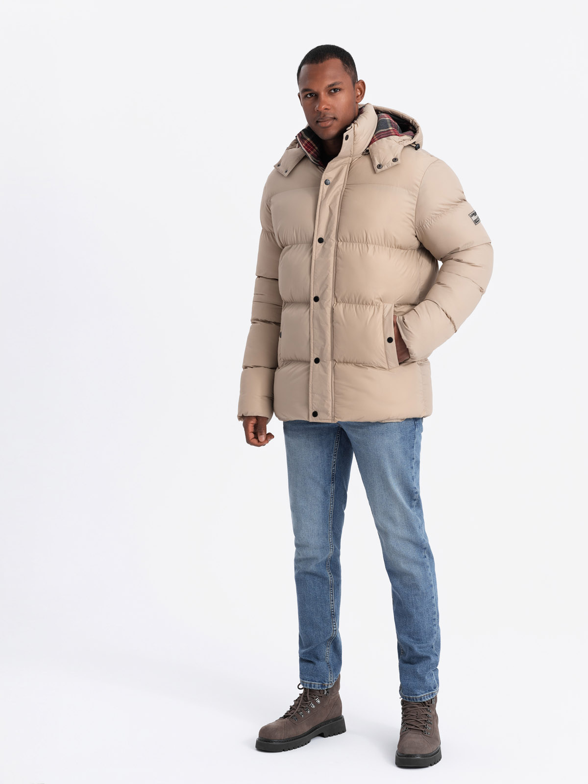 Ombre Men's Puffer Jacket With Check Lining - Beige