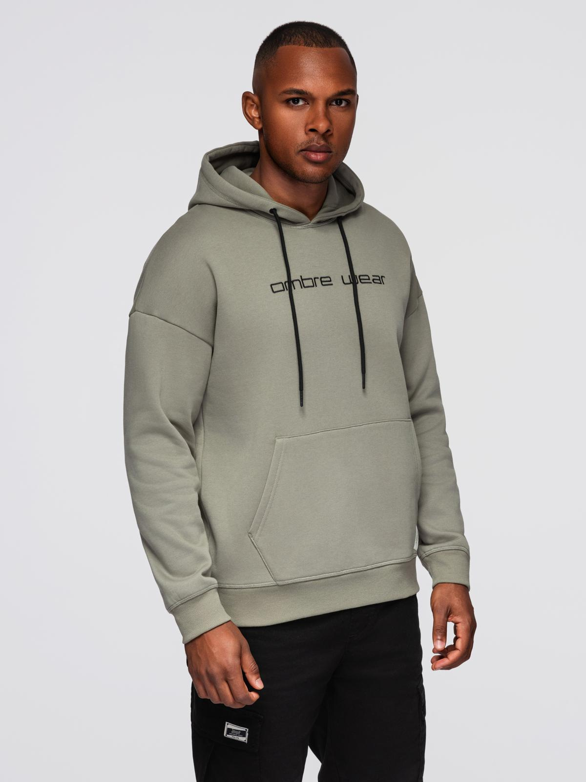 Ombre Men's kangaroo sweatshirt with embroidery and hood - khaki