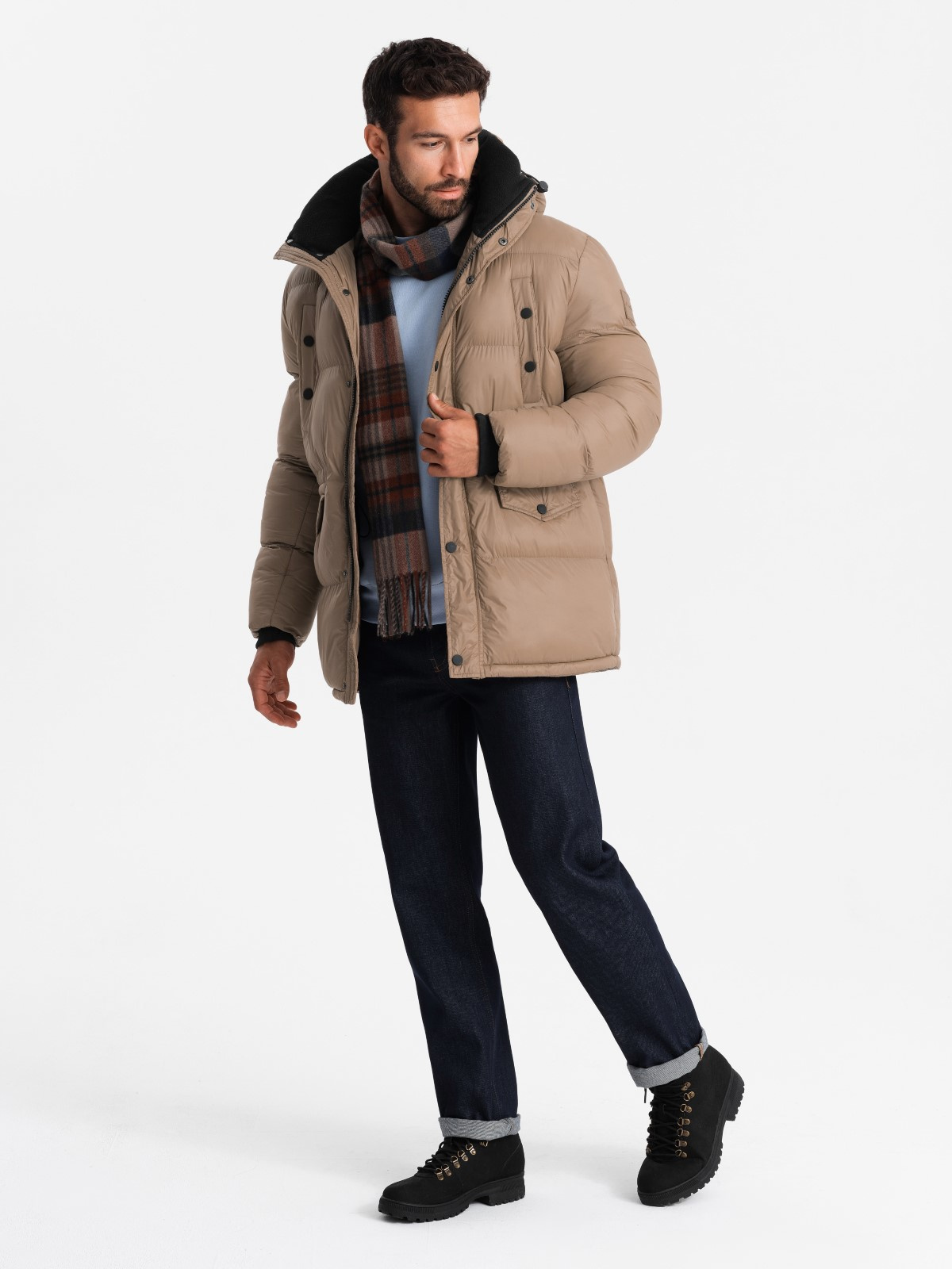 Ombre Men&#039;s long puffer jacket with snap pockets - brown