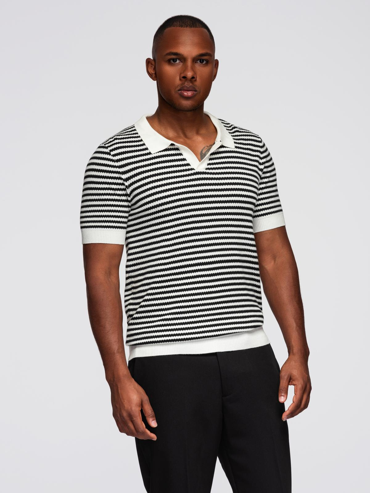 Ombre Men's knitted buttonless polo shirt with navy stripes - black and white