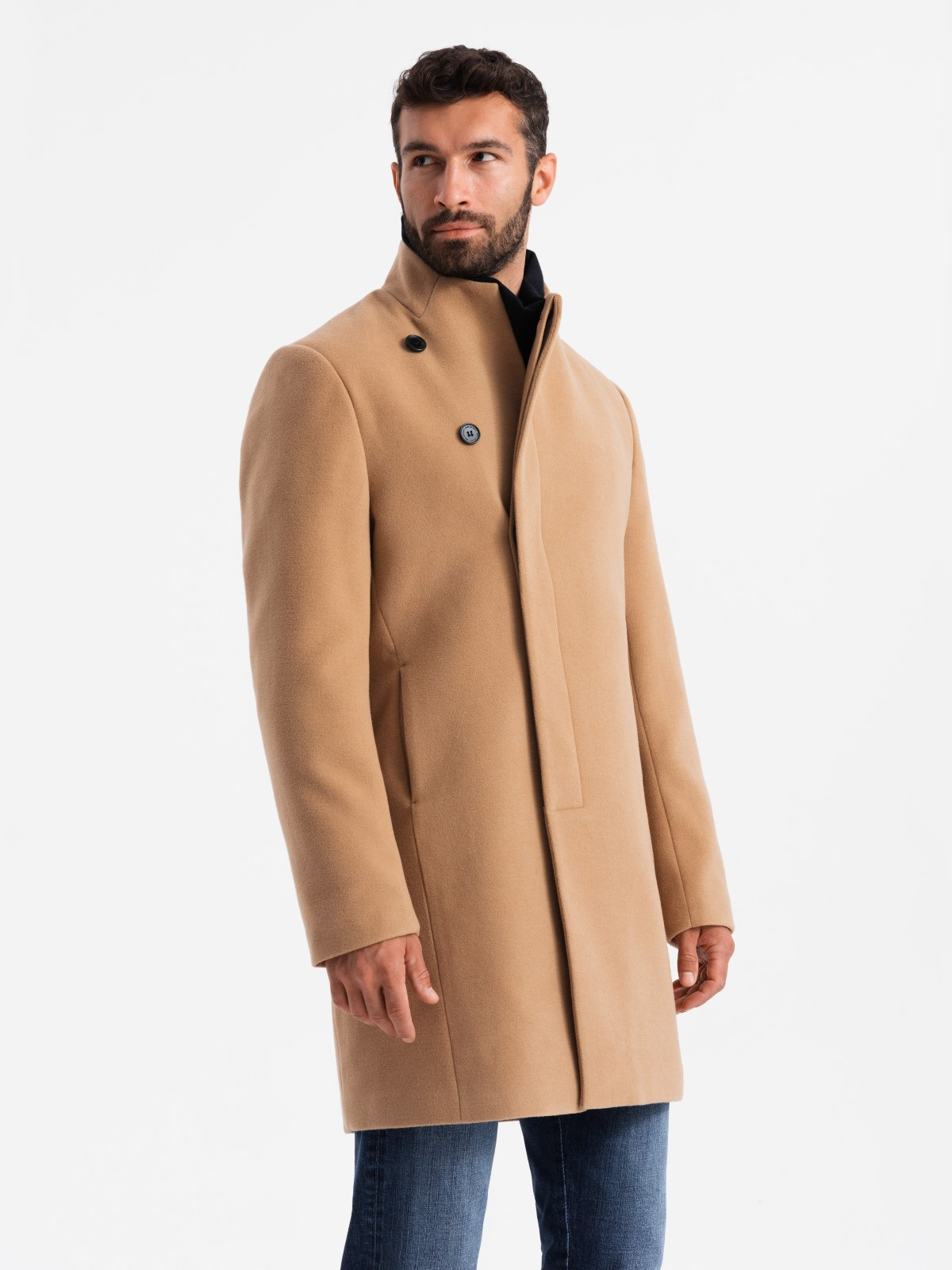 Ombre Men's coat with asymmetrical fastening and high collar - light brown