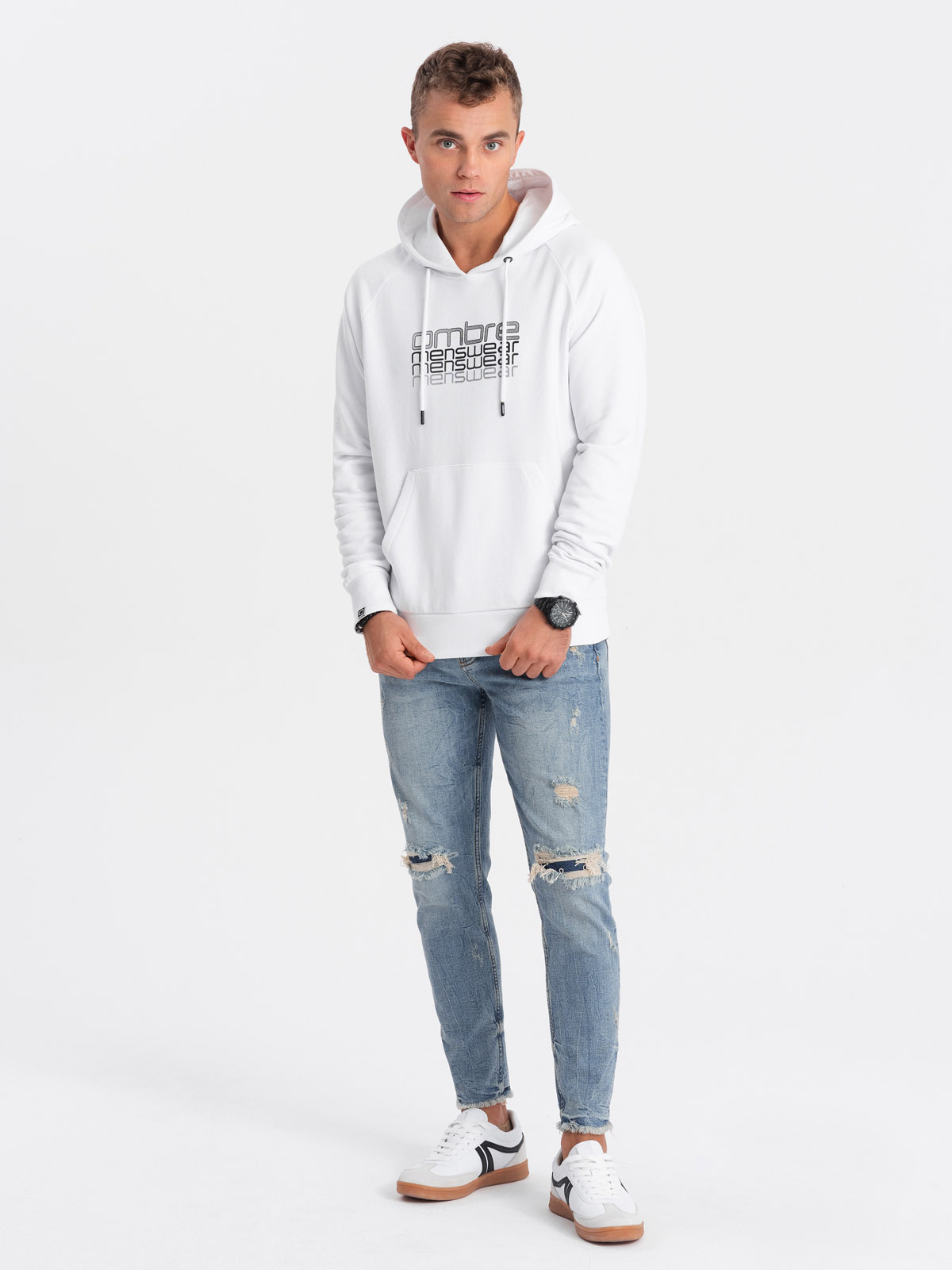 Ombre Men&#039;s unlined hooded sweatshirt with print - white