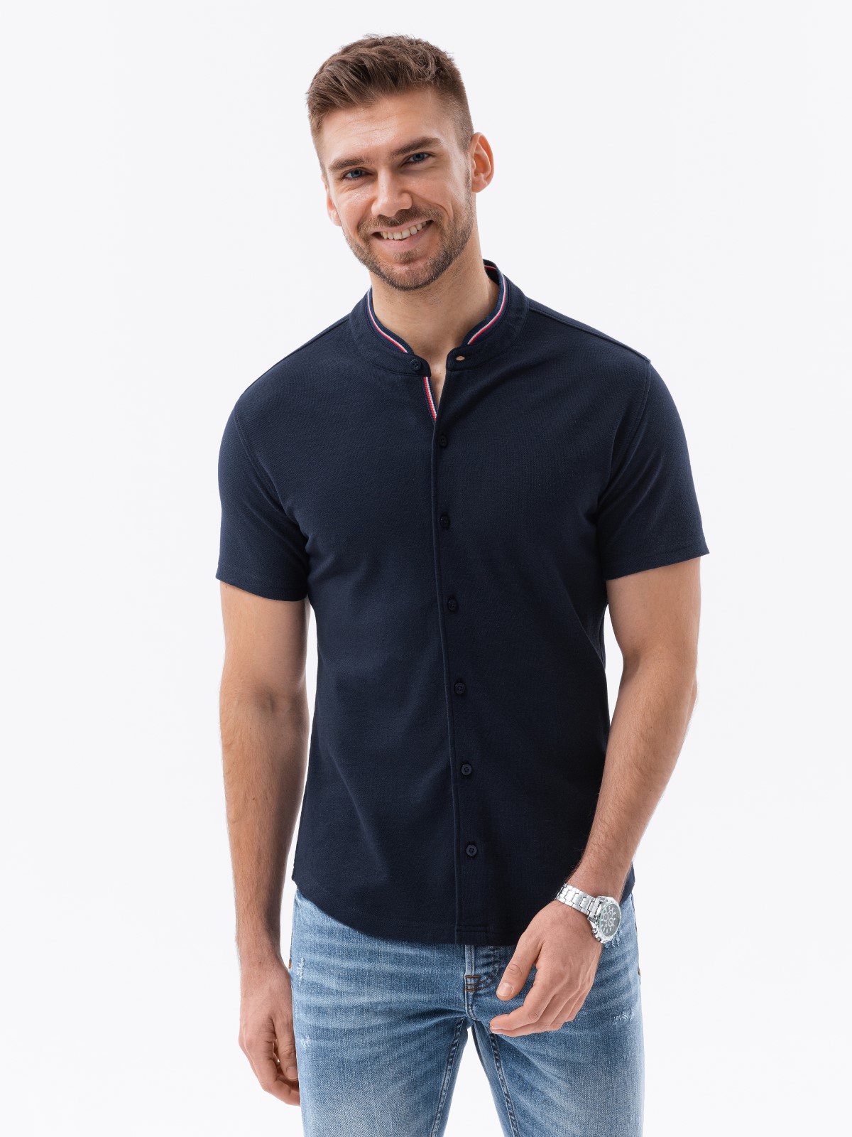 Ombre Men's knitted shirt with short sleeves and collared collar - navy blue