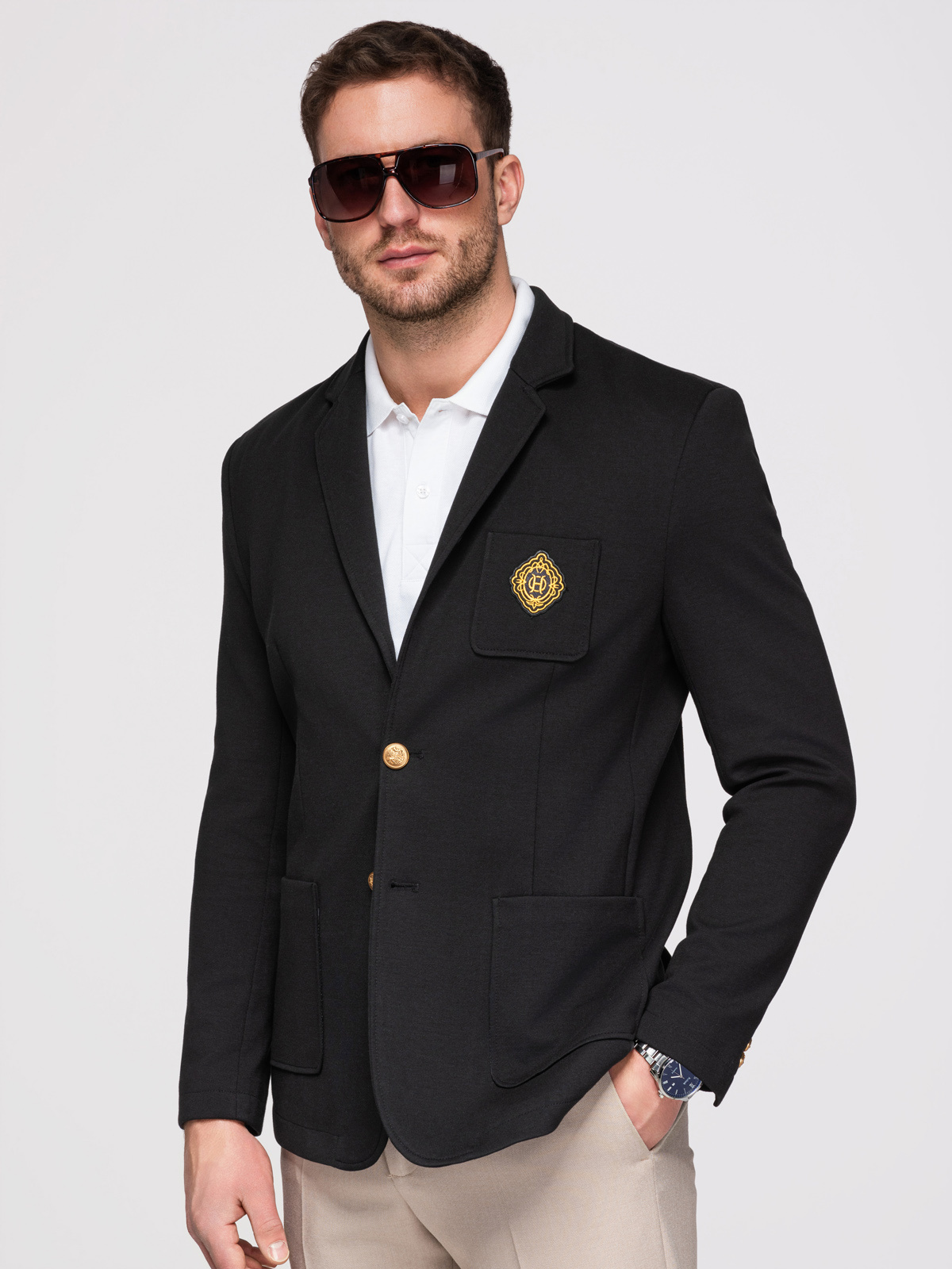 Levně Ombre pánské sako slim fit se zlatými knoflíčky