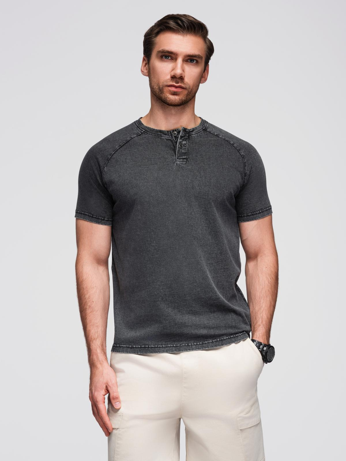 Ombre Men's T-shirt with wash effect and buttons at neckline - black