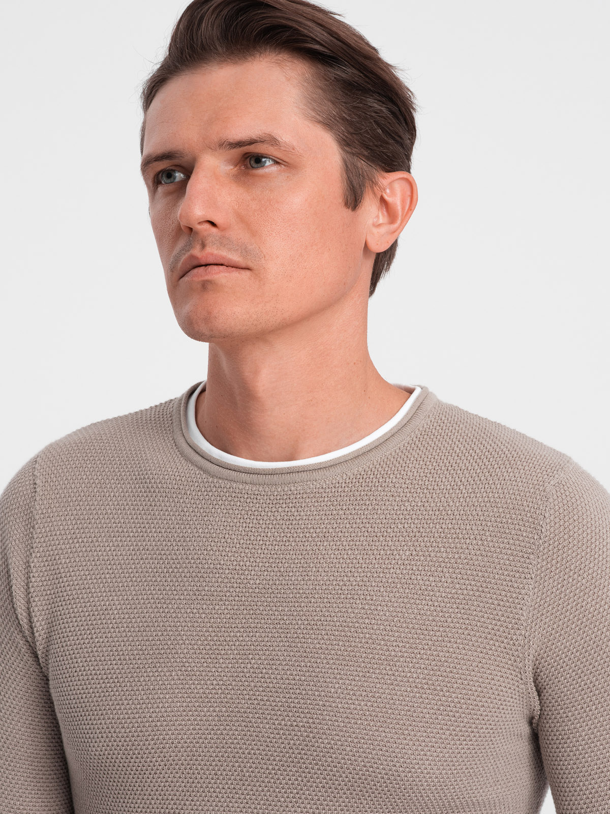 Ombre Men's cotton sweater with round neckline - cold beige