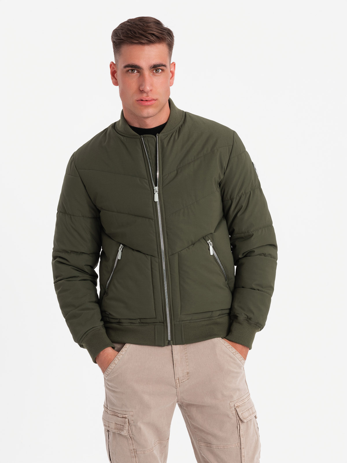 Ombre Men's quilted bomber jacket with metal zippers - dark olive green