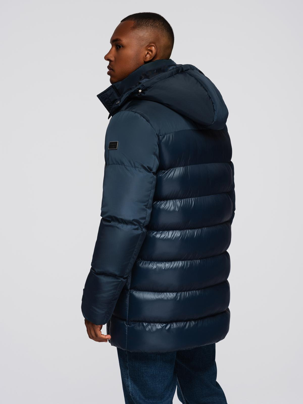 Ombre Men&#039;s quilted jacket with combined materials and hood - navy blue