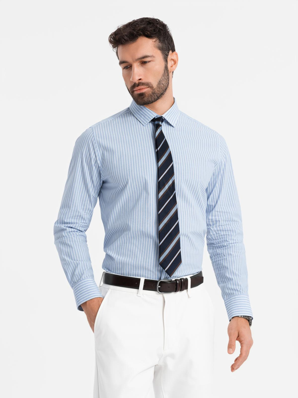 Ombre Men&#039;s REGULAR FIT cotton shirt with vertical stripes - blue and white OM-SHOS