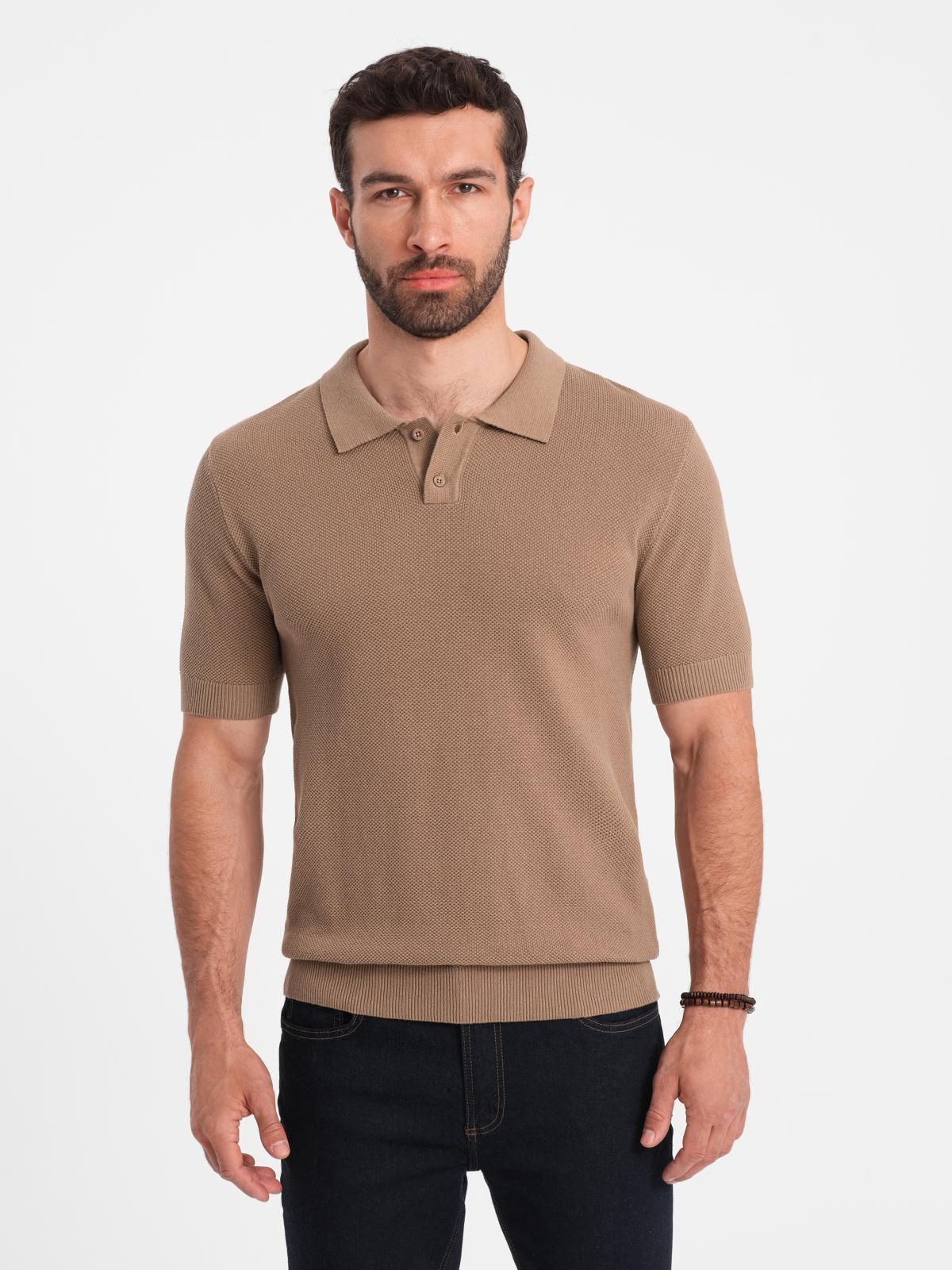 Ombre Men's cotton structured knit polo shirt - light brown