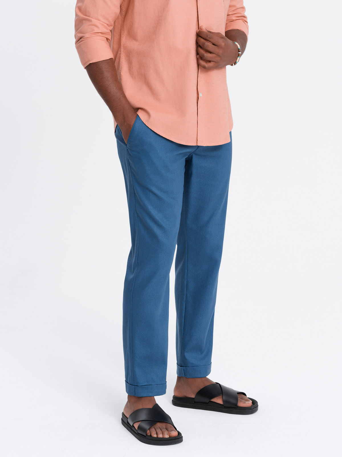 Ombre Men&#039;s linen blend chino roll-up pants - blue denim