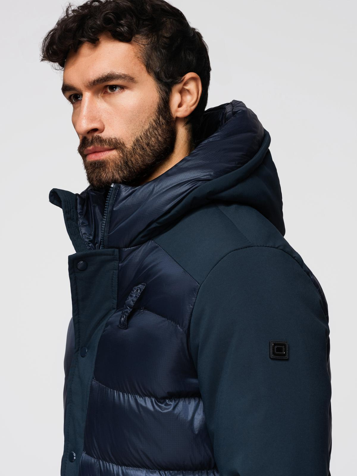 Ombre Men's quilted long jacket with large pockets - navy blue