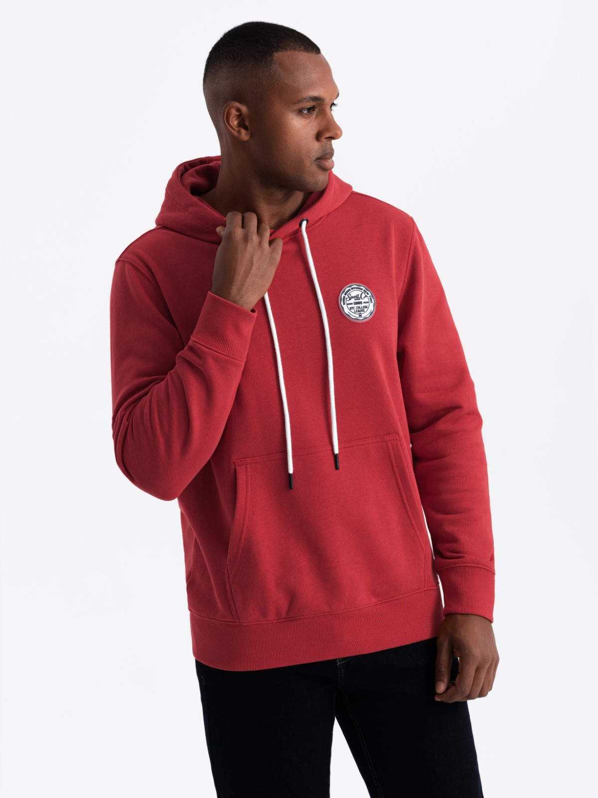 Ombre Men's Kangaroo Sweatshirt With Hood And College Style Patch - Red