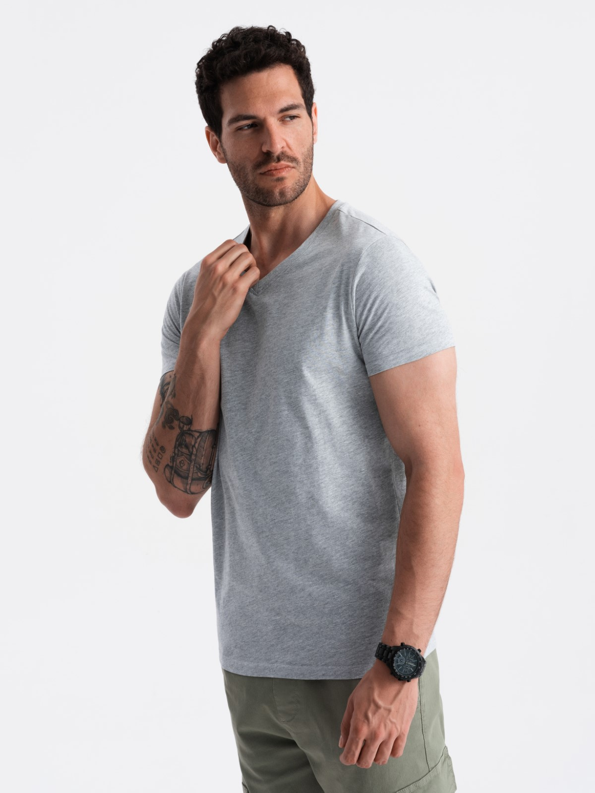 Ombre BASIC men&#039;s classic cotton tee-shirt with a crew neckline - grey melange