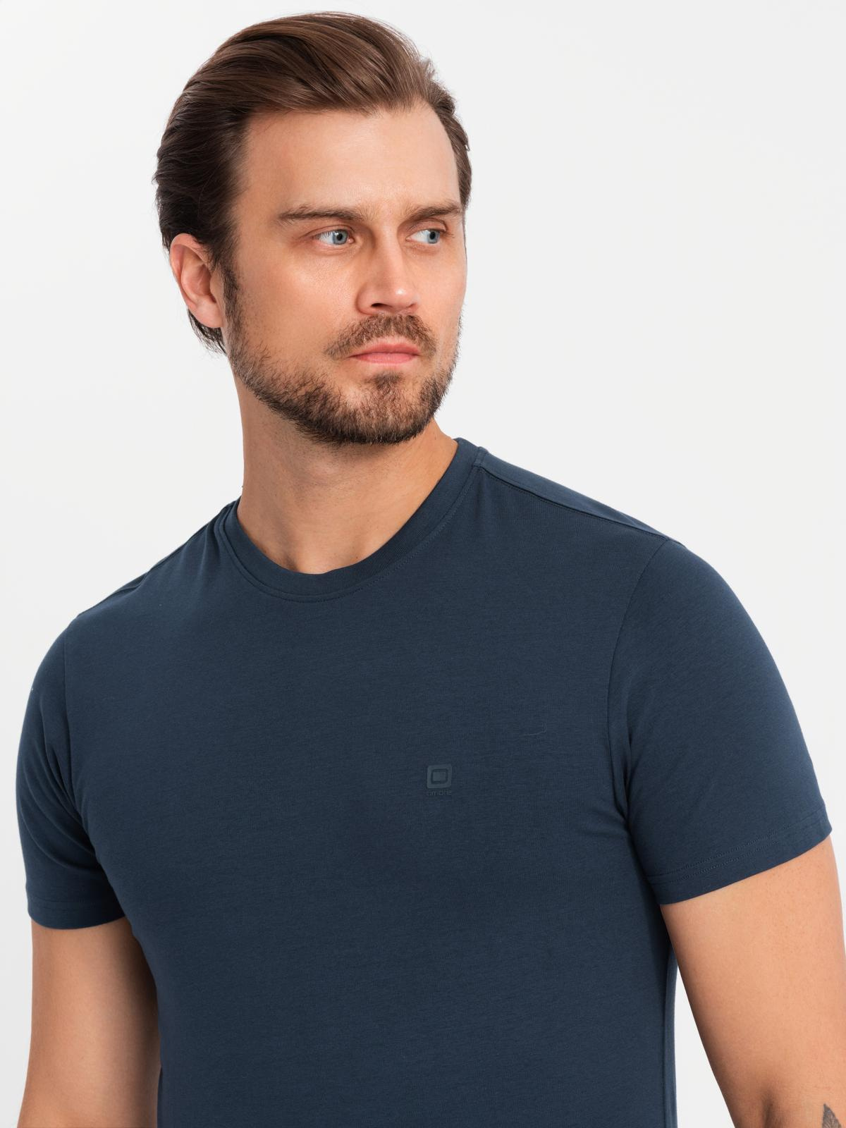 Ombre Men's SLIM FIT T-shirt with round neckline and logo - navy blue