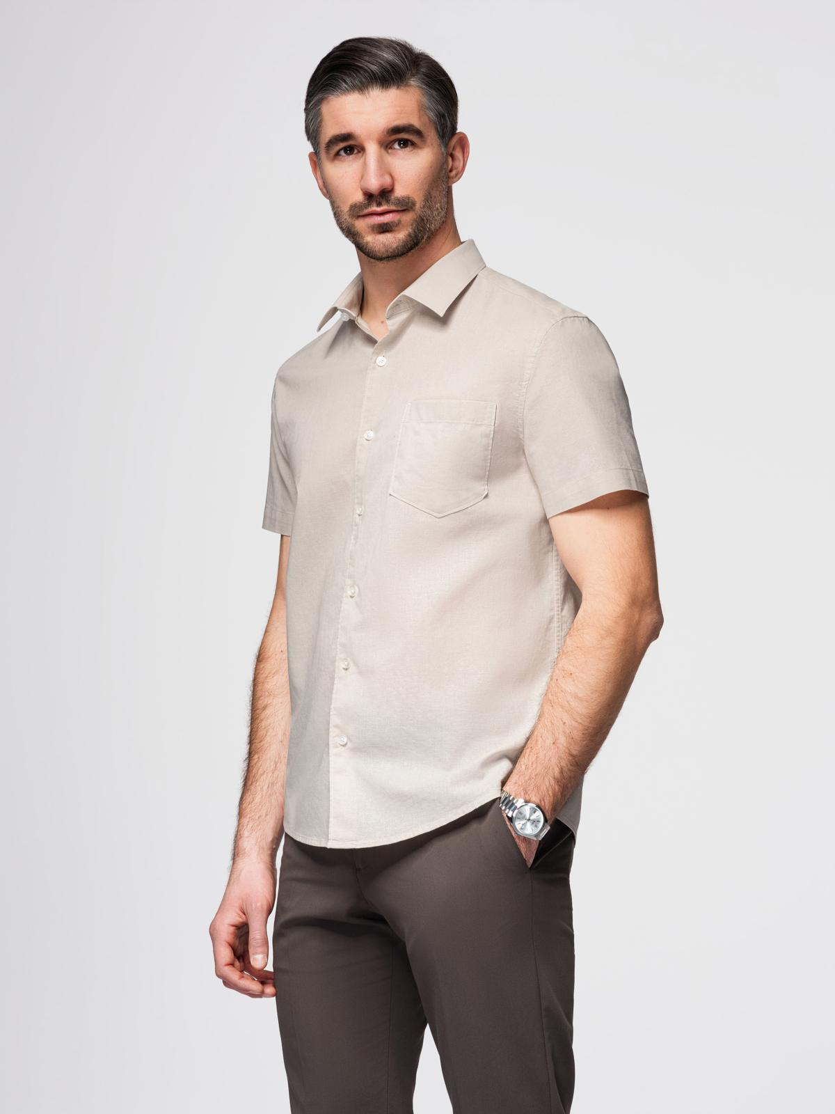 Ombre Men's short-sleeved linen-cotton shirt with pocket - beige