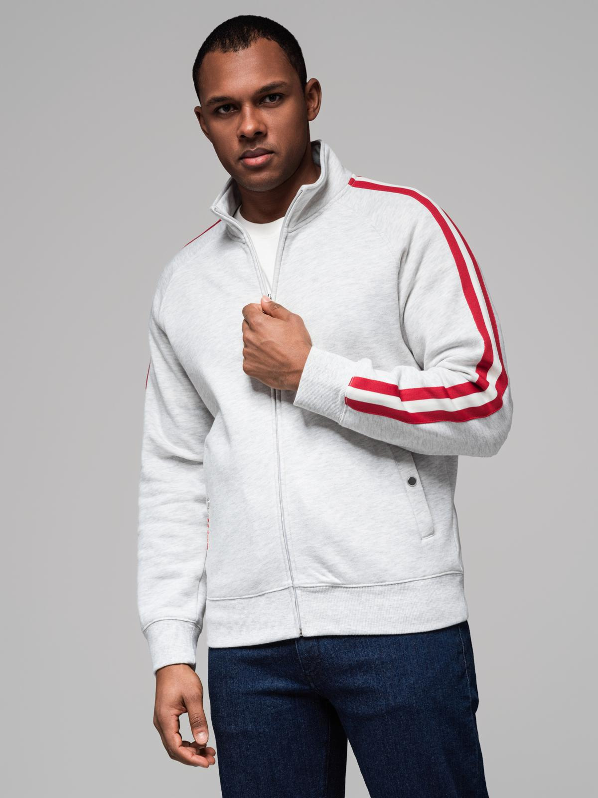 Ombre Men&#039;s sweatshirt with high collar and stripes - grey melange