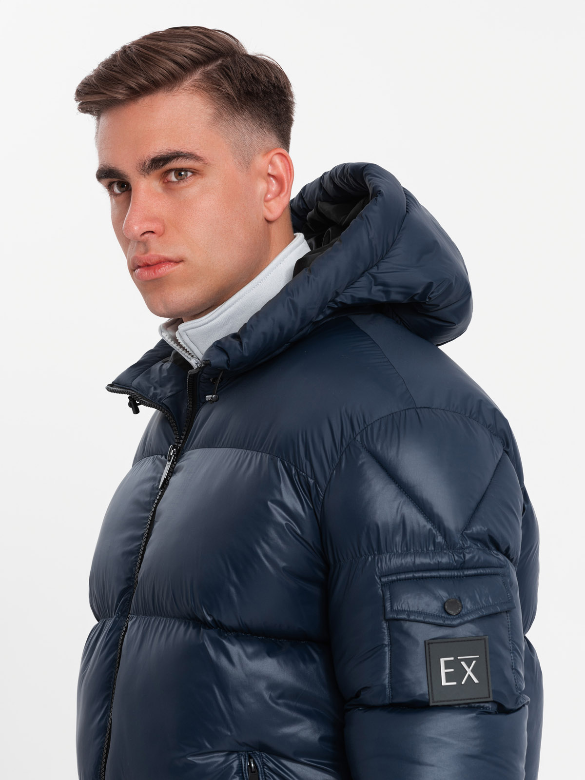 Ombre Warm men&#039;s puffer jacket with welts - navy blue