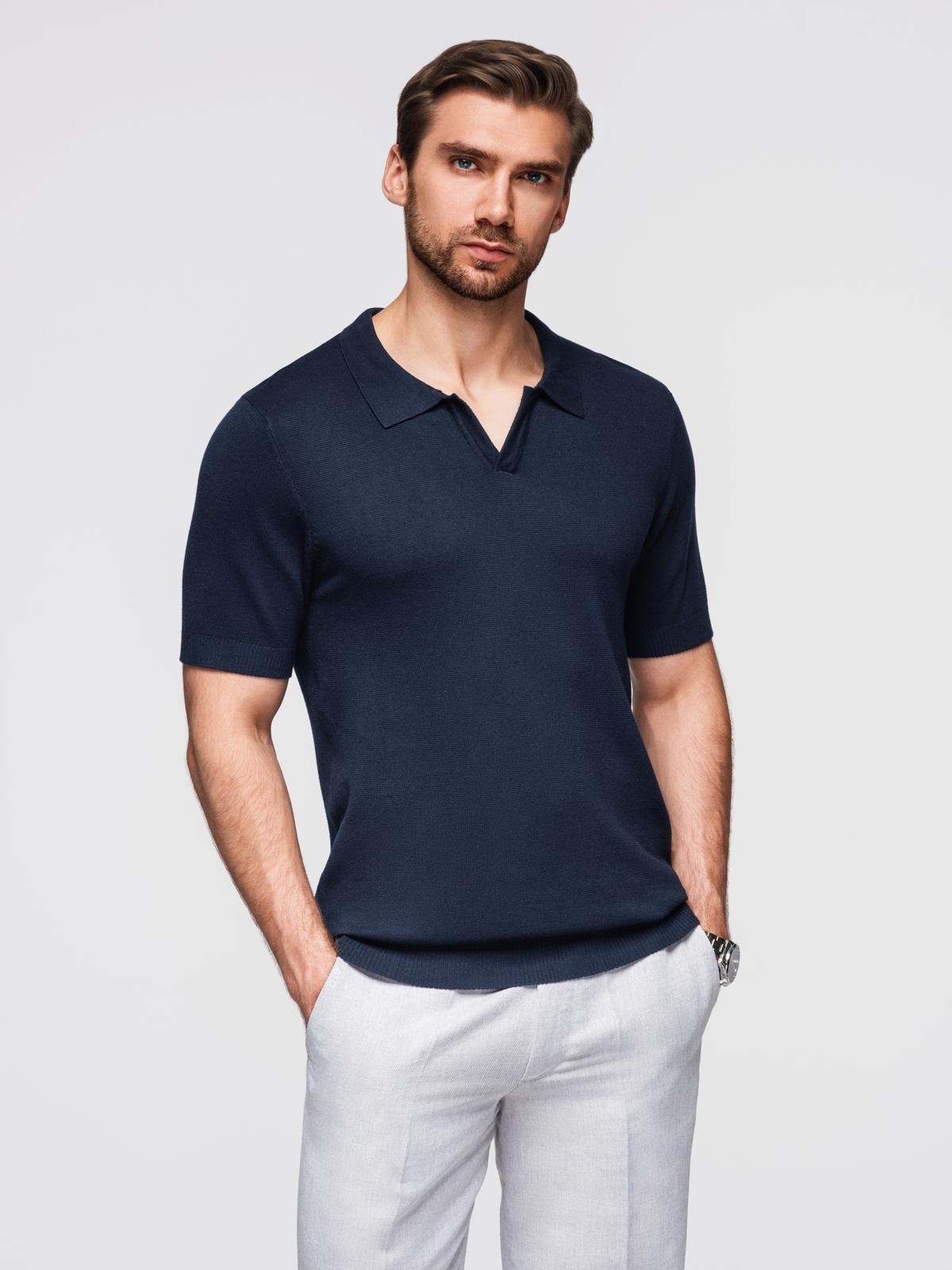 Ombre Men's buttonless polo shirt with classic weave - navy blue