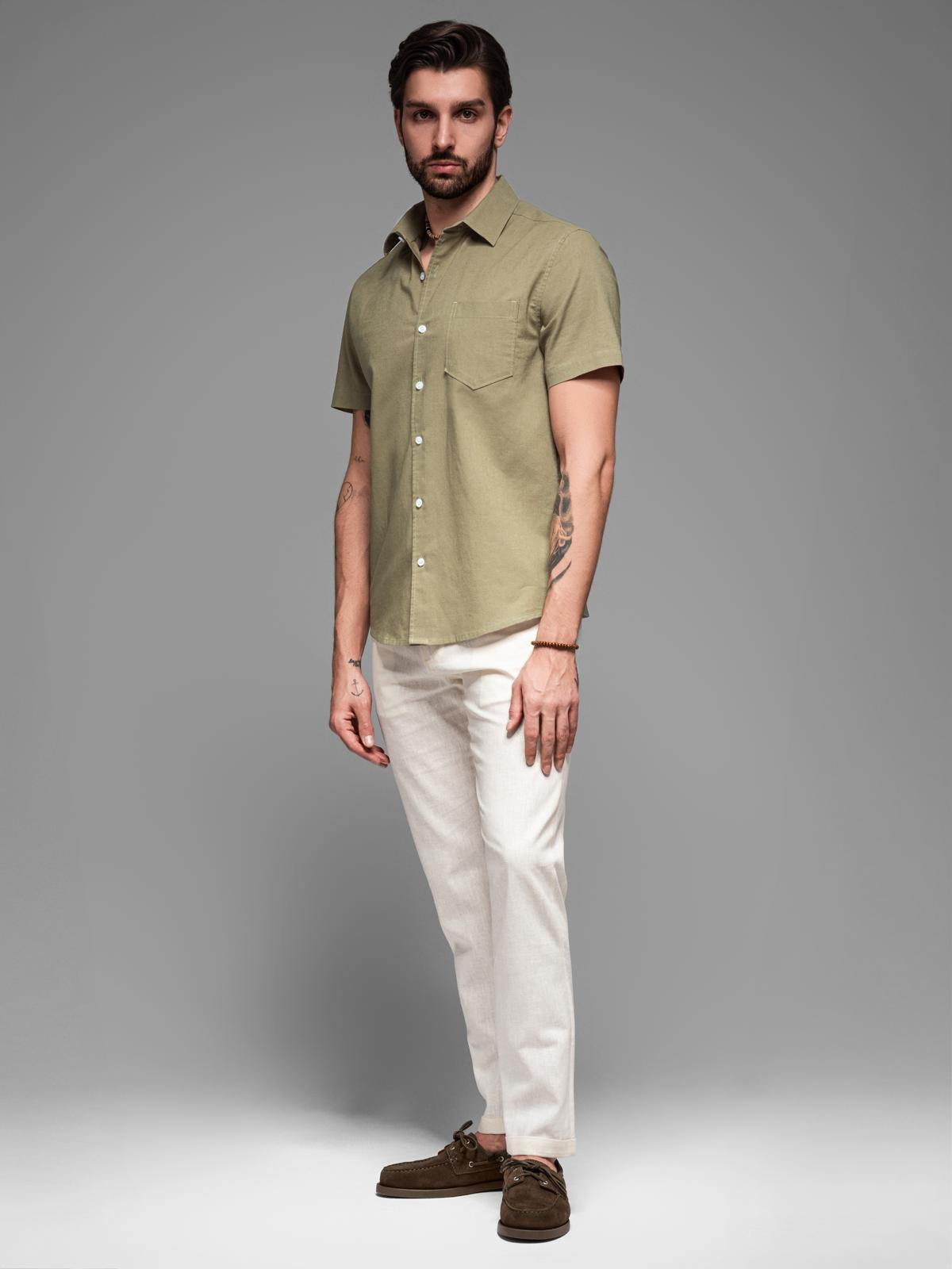Ombre Men&#039;s short sleeve cotton and linen shirt with pocket - olive