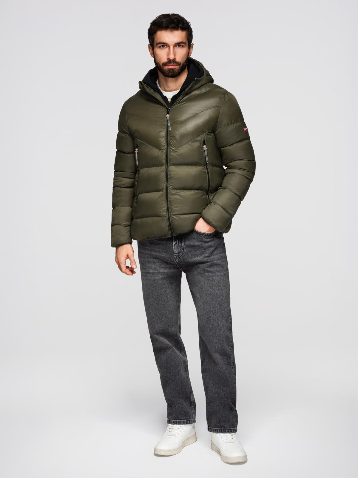 Ombre Men's quilted winter jacket with combined materials - dark olive green