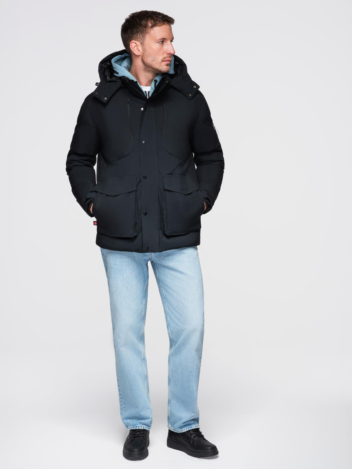 Ombre Men&#039;s winter jacket with detachable hood in waterproof material - black