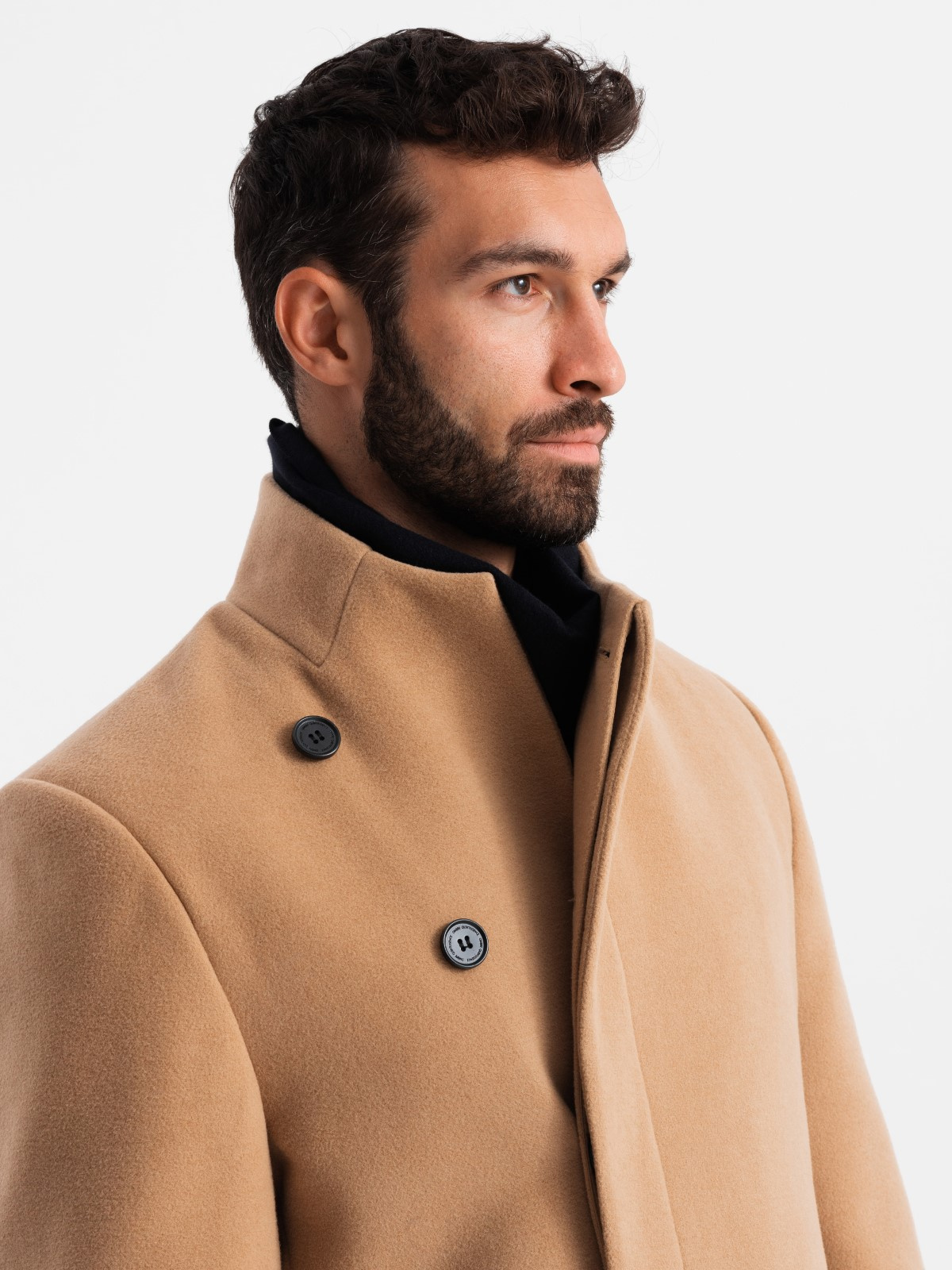 Ombre Men's coat with asymmetrical fastening and high collar - light brown