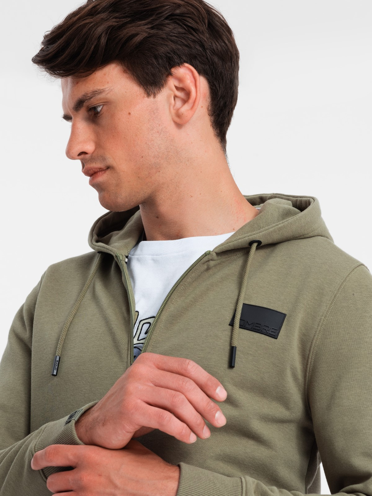 Ombre Unzipped men&#039;s sweatshirt with hood and patch - olive