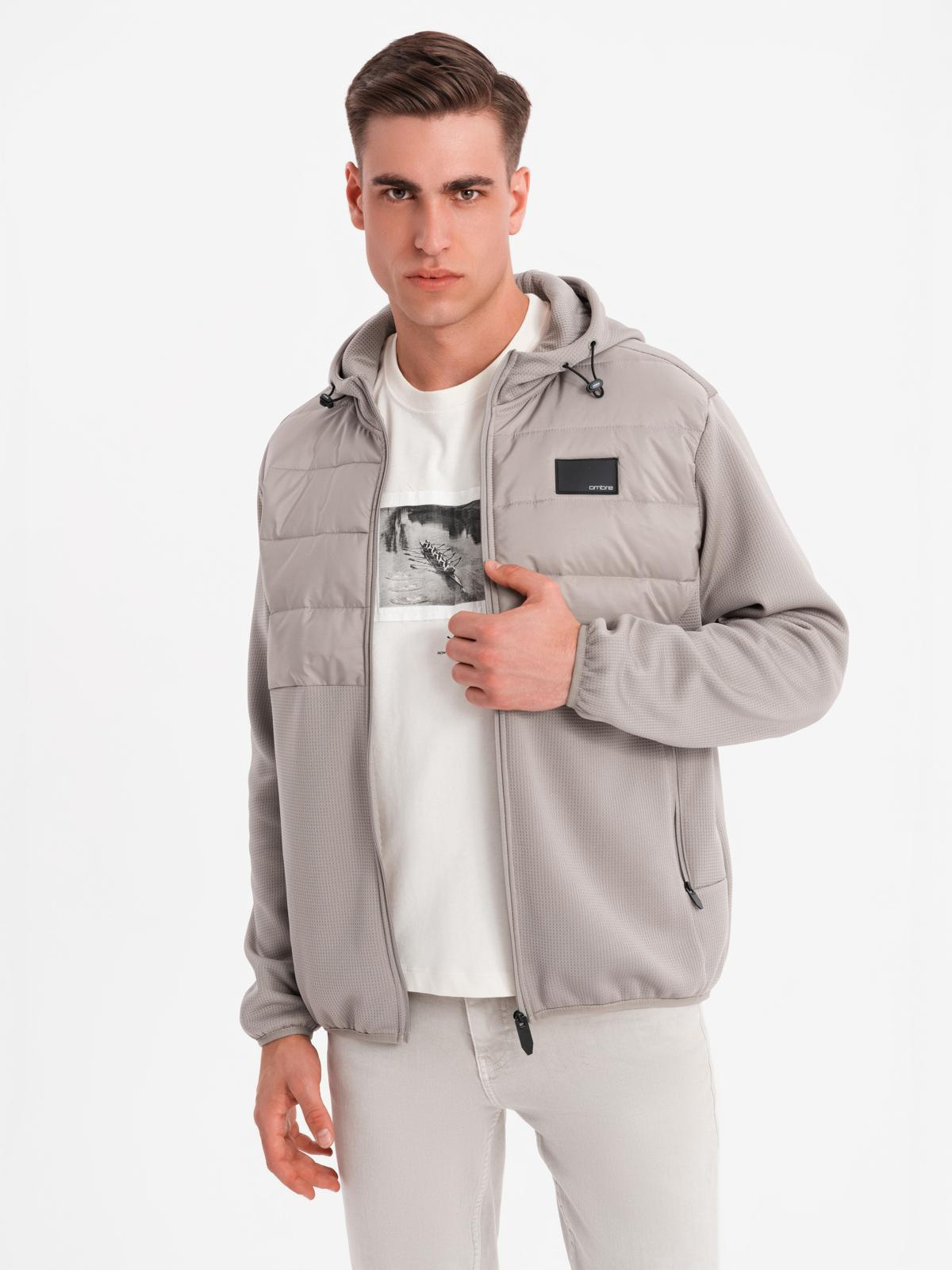 Ombre Men&#039;s lightweight jacket of combined materials with hood and decorative quilting - ash