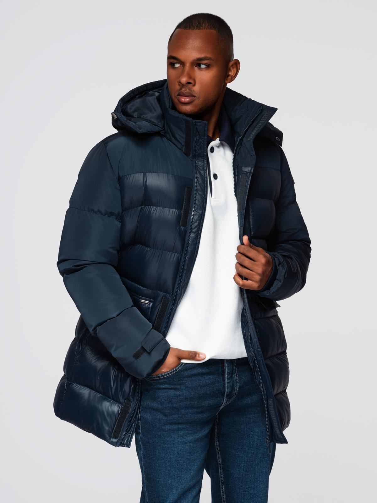 Ombre Men&#039;s quilted jacket with combined materials and hood - navy blue