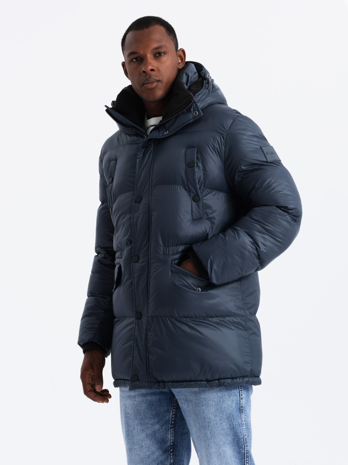 Ombre Men&#039;s long puffer jacket with snap pockets - navy blue