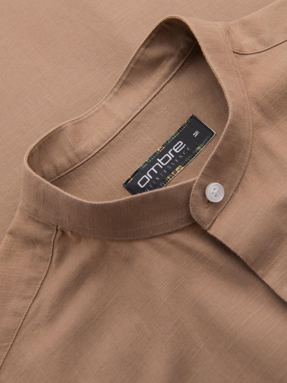 Ombre Men's linen shirt with stand-up collar and pocket REGULAR FIT - light brown