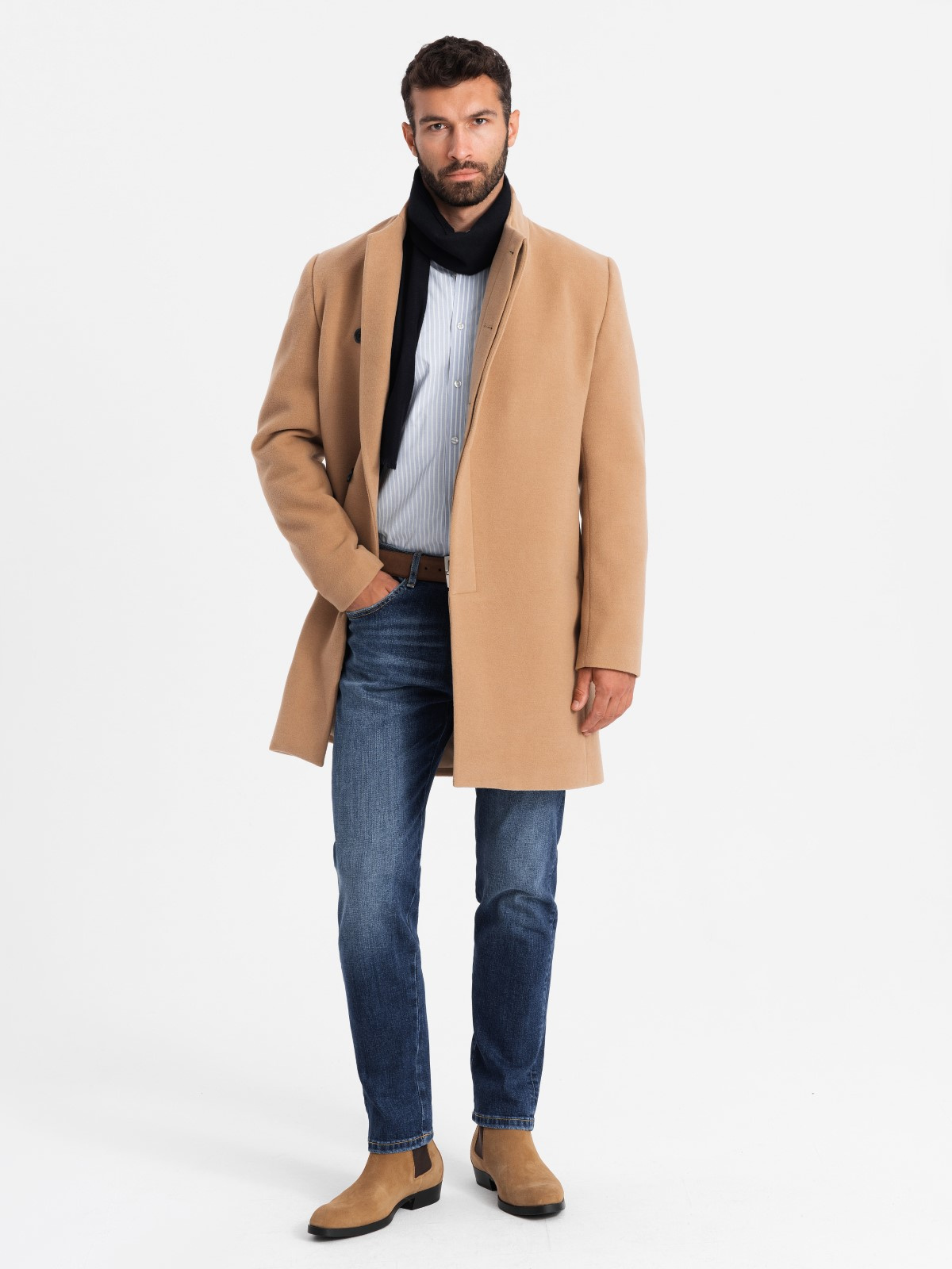 Ombre Men's coat with asymmetrical fastening and high collar - light brown