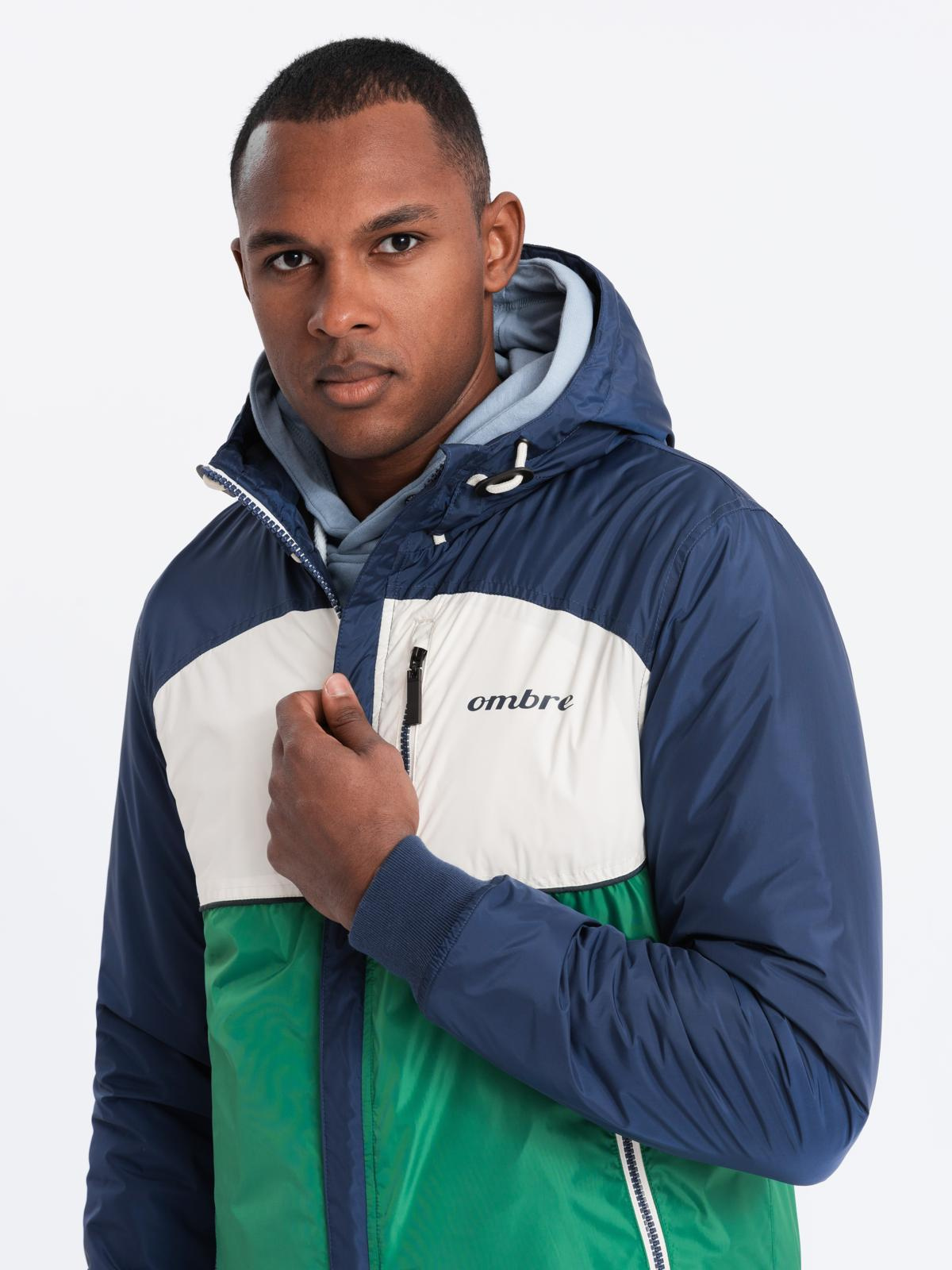 Ombre Lightweight colorful men&#039;s sports jacket with fleece - green and navy blue