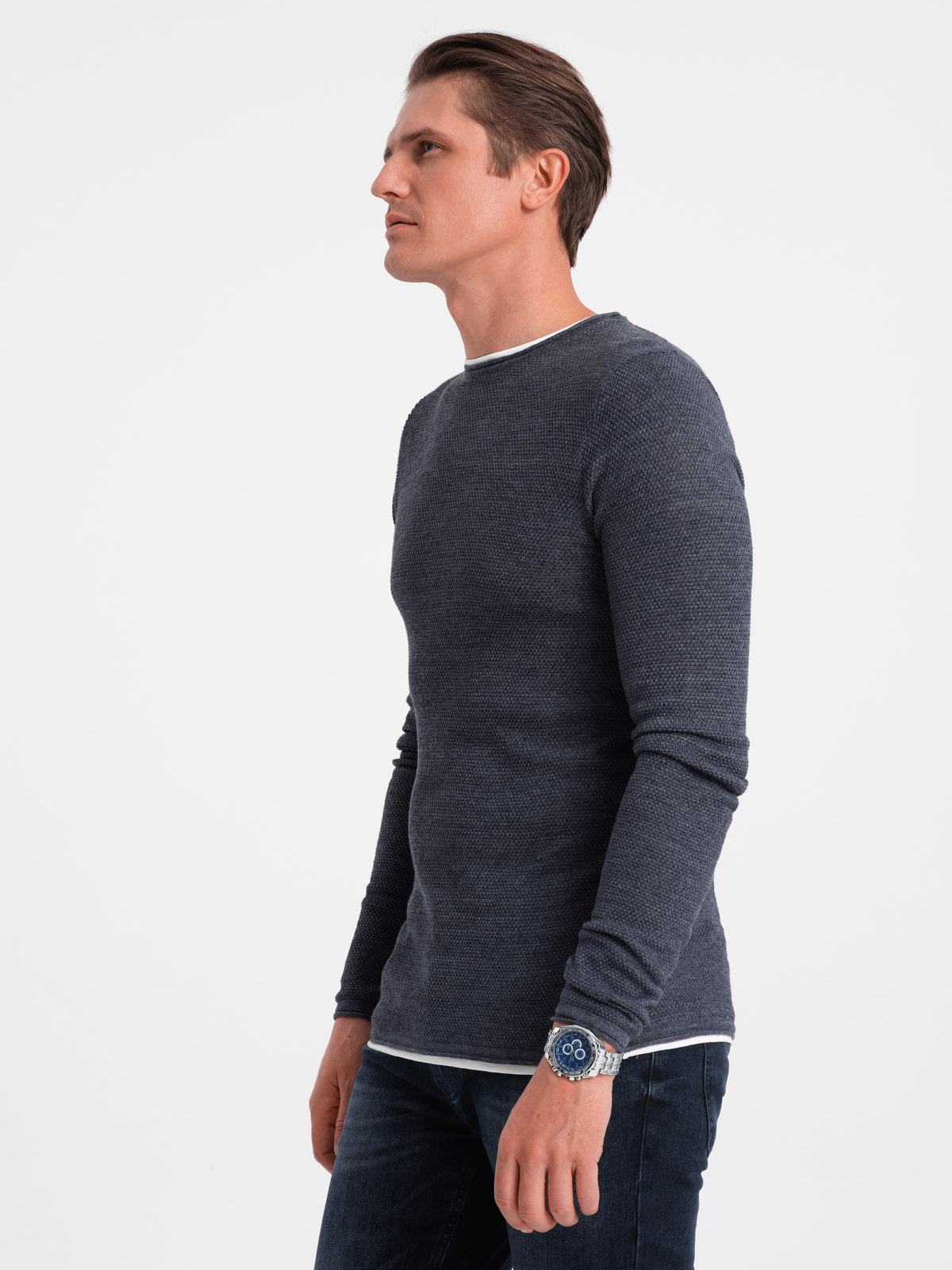 Ombre Men&#039;s cotton sweater with round neckline - navy blue melange