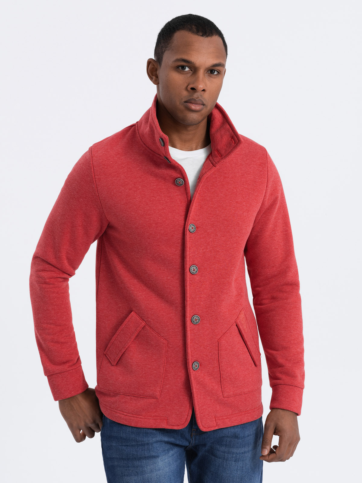 Levně Ombre Men's casual sweatshirt with button-down collar - red melange