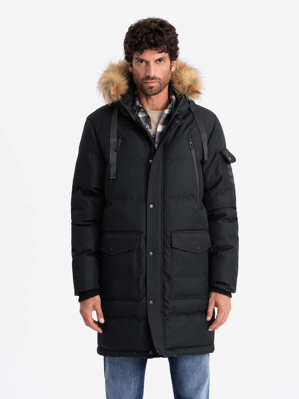 Ombre Men's long warm parka jacket with hood - black