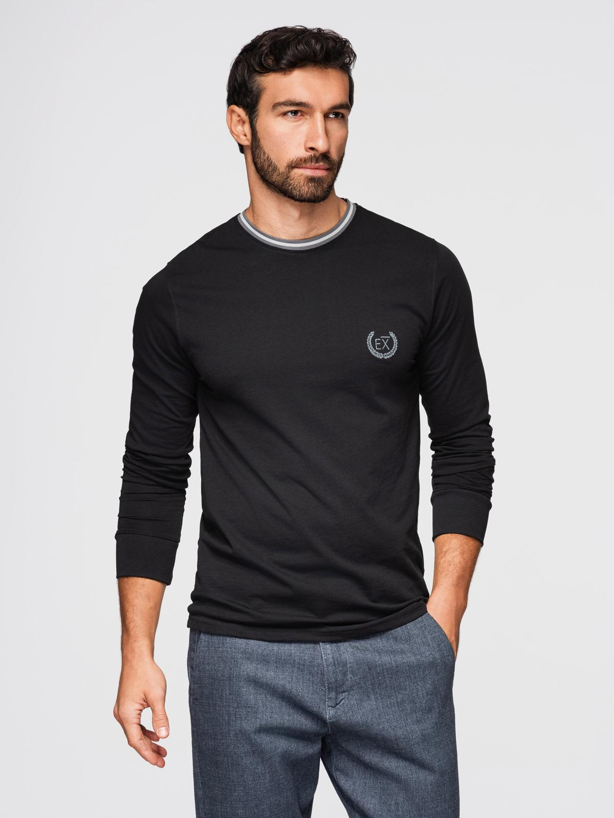 Ombre Men's cotton longsleeve with striped U neckline and embroidery - black
