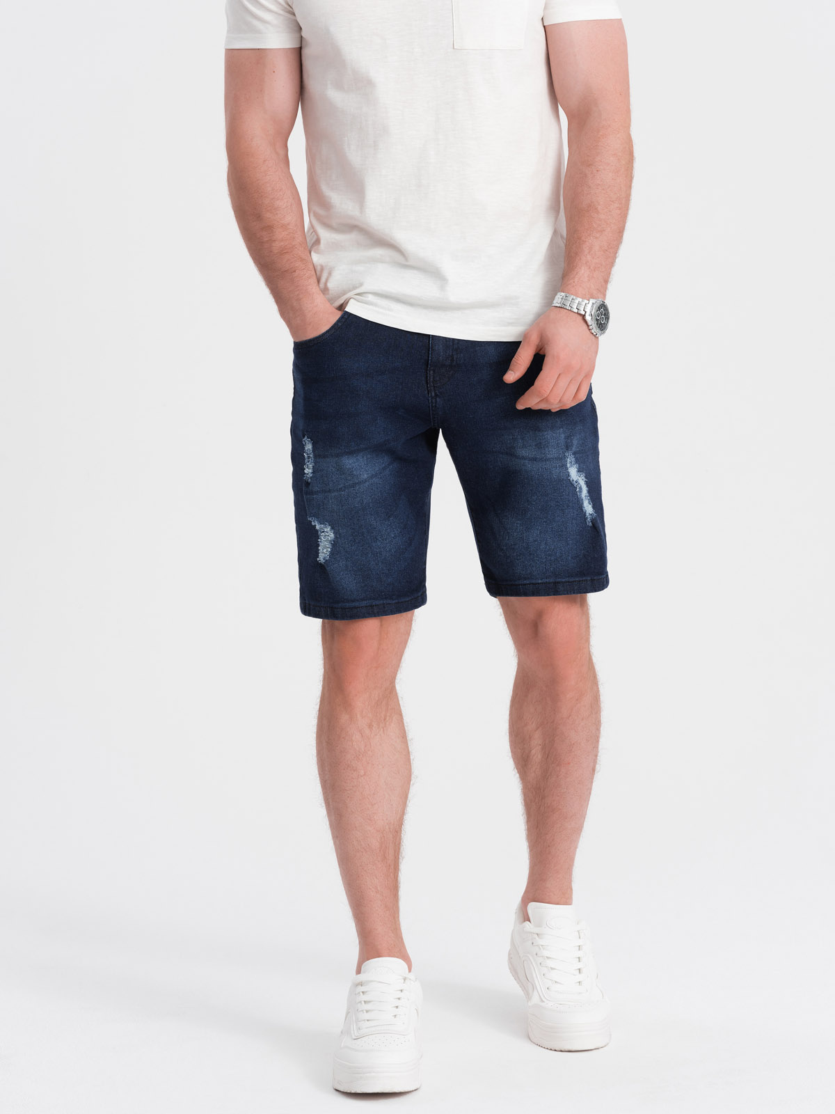 Ombre Men's denim short shorts with holes - dark blue