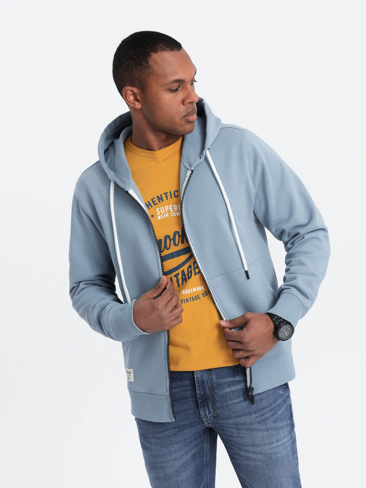 Ombre Men's BASIC Unbuttoned Hooded Sweatshirt - Blue