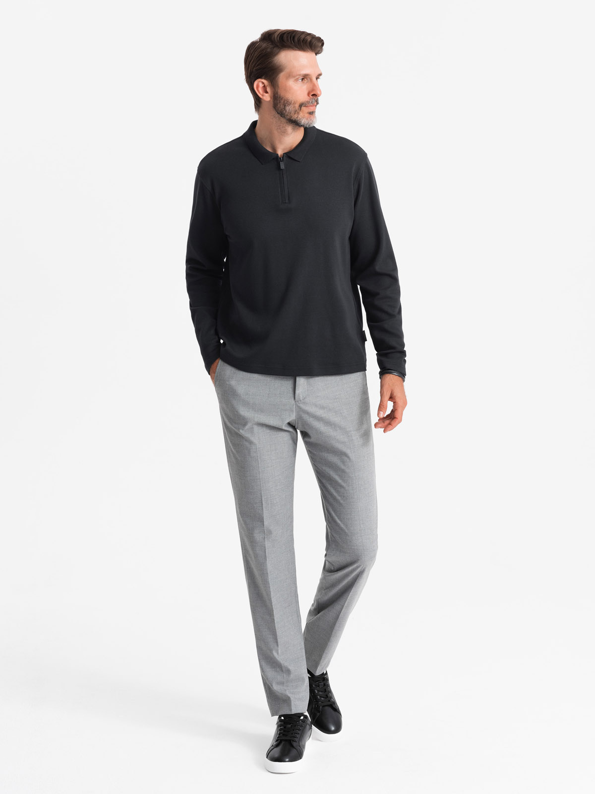 Ombre Men's longsleeve with zippered polo collar - black