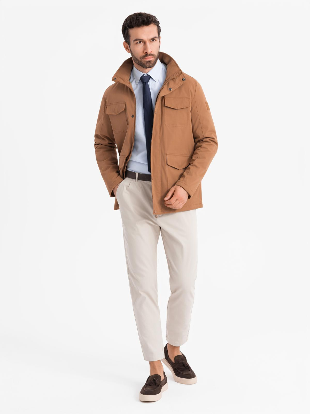 Ombre Men&#039;s lightweight jacket with pockets and high collar - brown