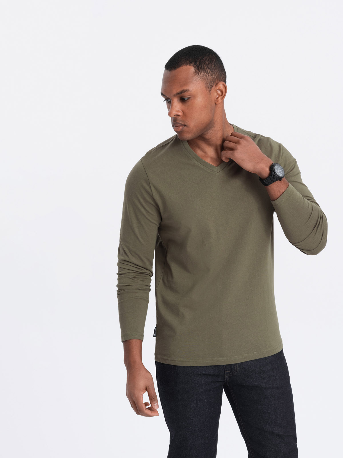 Ombre Men's unprinted longsleeve with v-neck - dark olive
